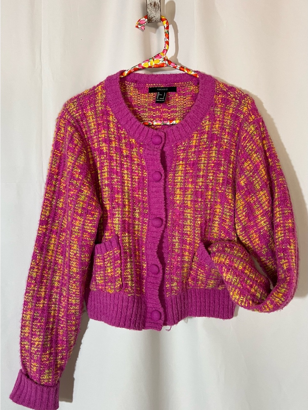 Forever 21 Pink & Yellow Tweed  Button-Front Cropped PreppyCardigan Sweater Sz L